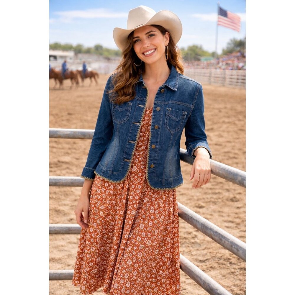 Kikit Jeans Western Denim Jacket Scalloped Trim Fitted Boho Medium